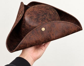 Leather Tricorn Pirate Hat, Captain Cosplay Distressed Brown Costumes