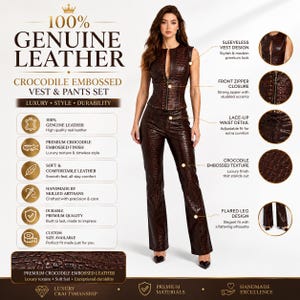 May include: A dark brown crocodile embossed leather vest and pants set. The sleeveless vest features a front zipper closure with studded accents and a lace-up waist detail. The matching pants have a flared leg design. The set is made of genuine leather.