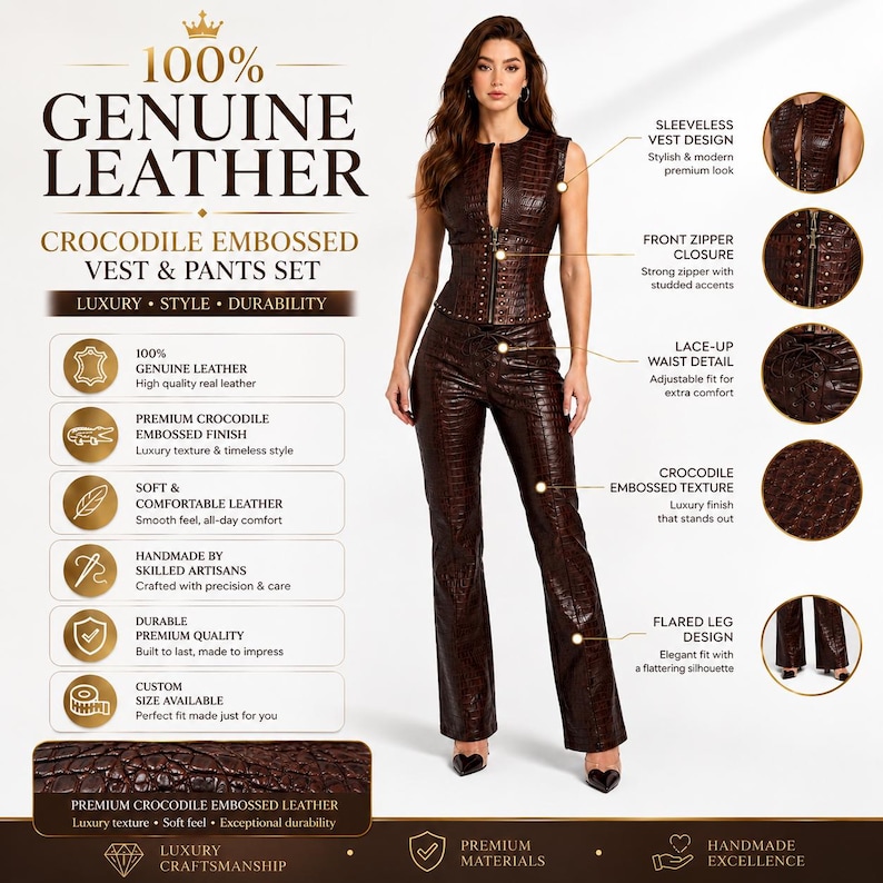 May include: A dark brown crocodile embossed leather vest and pants set. The sleeveless vest features a front zipper closure with studded accents and a lace-up waist detail. The matching pants have a flared leg design. The set is made of genuine leather.