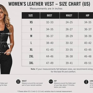 May include: A size chart for a leather vest with a table listing sizes XS through 3XL, including bust, waist, hip, and length measurements in inches. The chart includes instructions on how to measure bust, waist, hip, and length for the garment.