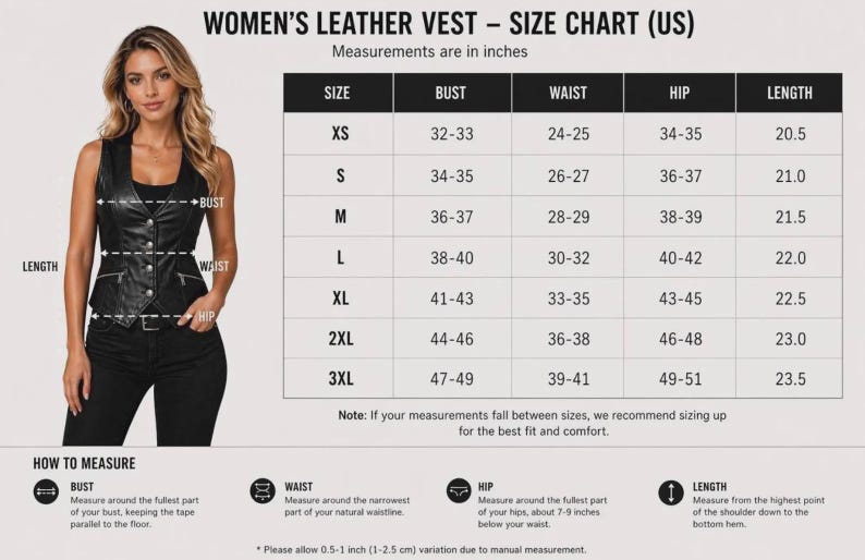 May include: A size chart for a leather vest with a table listing sizes XS through 3XL, including bust, waist, hip, and length measurements in inches. The chart includes instructions on how to measure bust, waist, hip, and length for the garment.