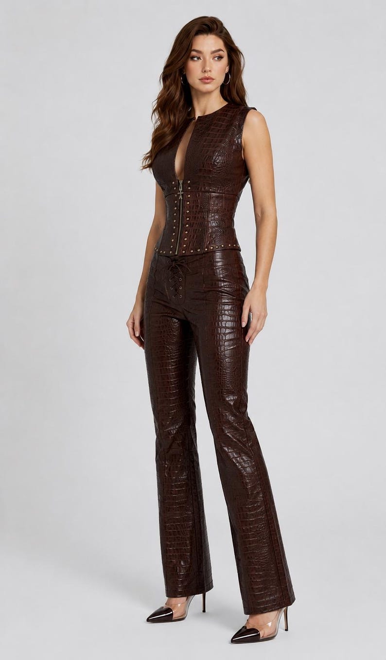 May include: A dark brown sleeveless top and matching trousers set featuring a textured crocodile-embossed pattern. The top has a front zipper closure with metallic stud detailing, while the trousers include a lace-up front closure detail.