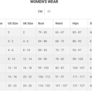 May include: A sizing chart titled WOMEN'S WEAR with columns for Jacket Size, US Size, UK Size, Bust, Waist, Hips, and Sleeves. The table displays numerical ranges in centimeters for sizes ranging from XXS to 2XL, providing a clear reference guide.