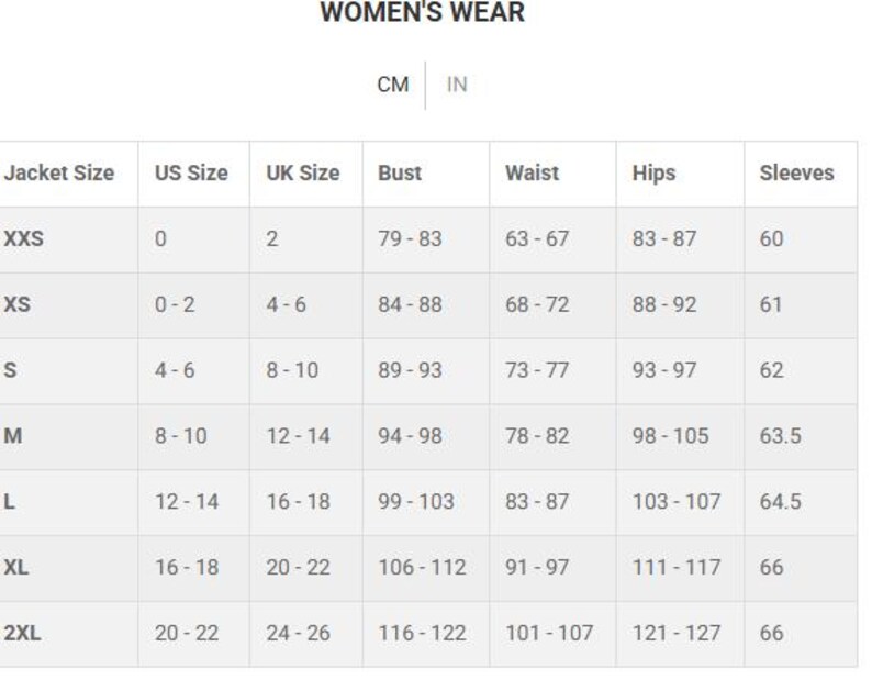 May include: A sizing chart titled WOMEN'S WEAR with columns for Jacket Size, US Size, UK Size, Bust, Waist, Hips, and Sleeves. The table displays numerical ranges in centimeters for sizes ranging from XXS to 2XL, providing a clear reference guide.