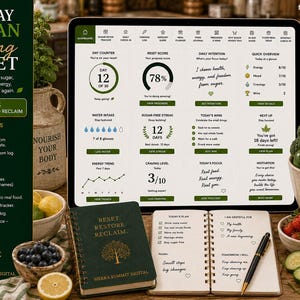 Könnte beinhalten: Ein digitales Dashboard mit dem Titel 30-Day Clean Eating Reset auf einem Tablet-Bildschirm, das Fortschrittsanzeigen, einen Bereich für tägliche Vorsätze und ein Wassertrinkprotokoll enthält. Daneben liegen ein dunkelgrünes Spiralnotizbuch und ein Planer.