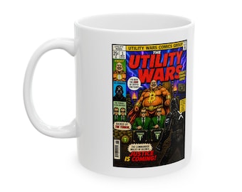Utility Wars Comic Mug — Issue 1 & 2 Cover Art | XRP Crypto Coffee Mug | Above the Grid | 11oz Black