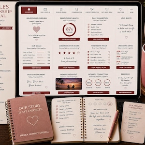 Puede incluir: Un diario digital de relaciones de pareja en la pantalla de un portátil, acompañado de un cuaderno de espiral titulado Our Story Is My Favorite, una hoja de registro diario, una tarjeta de promesas, una taza con texto y una vela encendida.