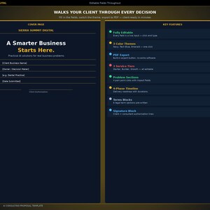 May include: A digital business proposal template by Sierra Summit Digital featuring a dark blue layout with white text. The cover page includes fields for client details, while the key features section lists editable options, color themes, PDF export, service tiers, problem sections, a 4-phase timeline, terms blocks, and a signature block.
