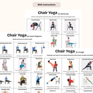 May include: Printable "Chair Yoga Bundle" with instructions. The image displays various chair yoga poses for desk breaks, seniors, and strength. Poses include forward bend, spinal twist, and leg extensions. The guide is designed to improve flexibility and strength.