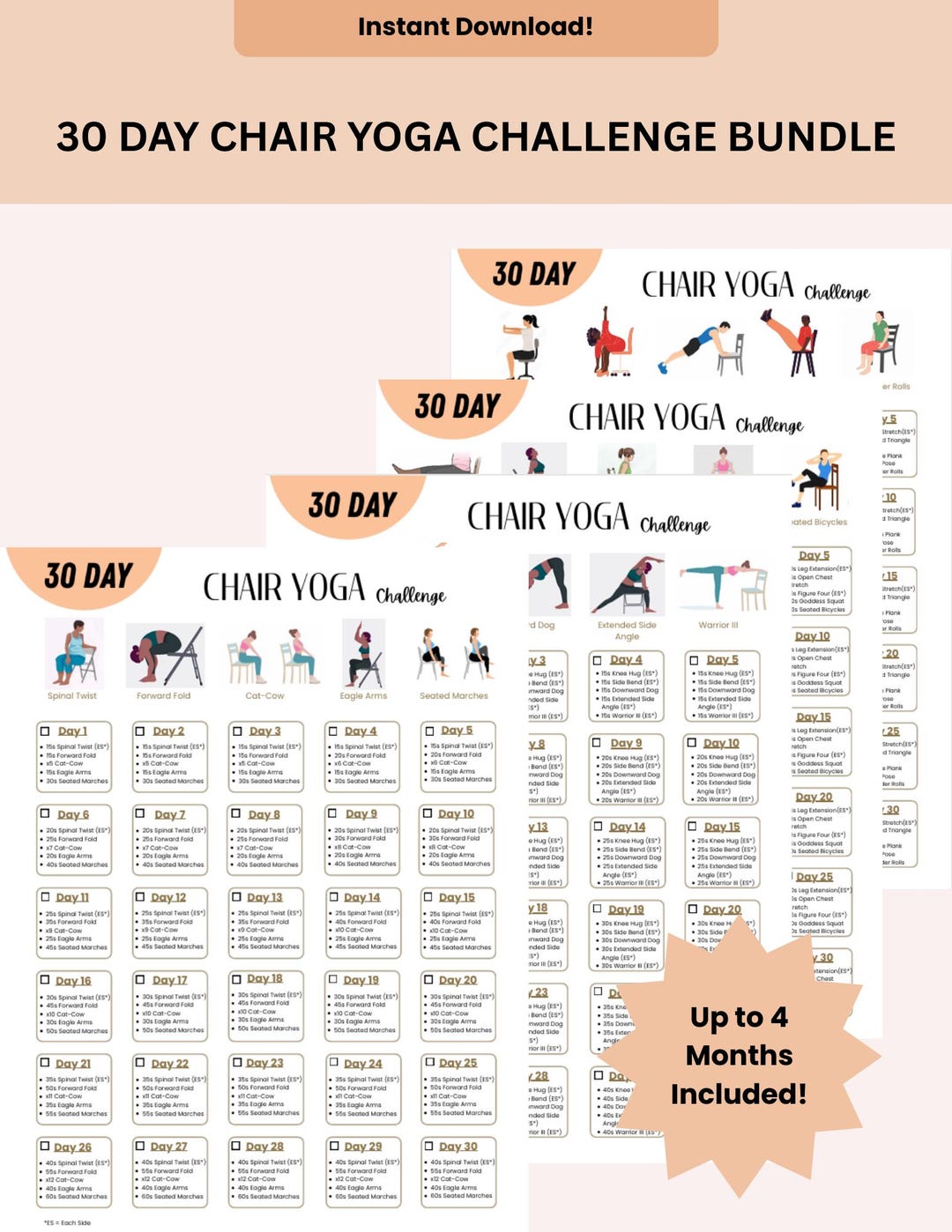 30 Day Chair Yoga Challenge Printable Bundle | Office Workout | Sitting ...