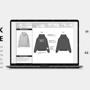 May include: A laptop displays a tech pack template for apparel design. The screen shows hoodie design sketches and a detailed specification sheet. The text reads "TECH PACK TEMPLATE" and "CONTAINS". Includes a PDF and an AI file.