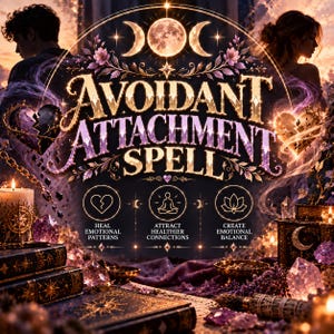 Puede incluir: Un gráfico digital titulado AVOIDANT ATTACHMENT SPELL que presenta un icono central de fases lunares, detalles florales y tres símbolos circulares con el texto: HEAL EMOTIONAL PATTERNS, ATTRACT HEALTHIER CONNECTIONS, CREATE EMOTIONAL BALANCE.