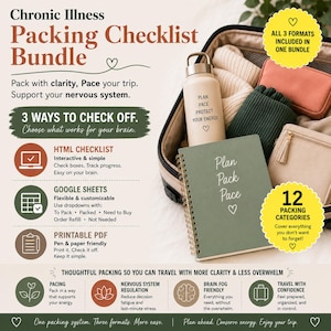 May include: A packing checklist bundle for chronic illness, featuring a notebook, water bottle, and other travel essentials. The bundle includes HTML checklist, Google Sheets, and printable PDF formats. The text on the notebook reads "Plan Pack Pace".