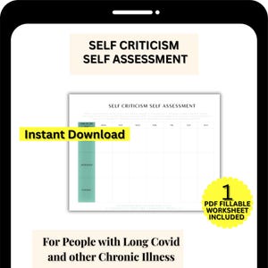 Op de afbeelding: Een digitaal werkblad met de titel "Zelfkritiek Zelfevaluatie" op een smartphonescherm. Het werkblad is ontworpen voor mensen met Long Covid en andere chronische ziekten. Bevat een invulbaar PDF-werkblad.