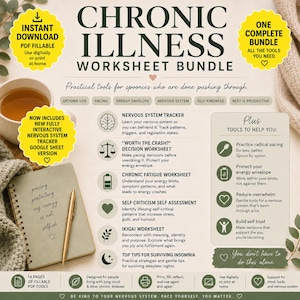 May include: A digital worksheet bundle for chronic illness, with tools for spoonies. Includes a nervous system tracker, fatigue worksheet, and self-assessment. The bundle also offers tips for insomnia and tools to help you. The text says "Instant Download".