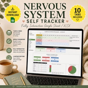 May include: A laptop screen showing a "Nervous System Self Tracker" spreadsheet with interactive charts and summaries. The image includes text: "Instant Download," "10 Tabs Included," and "Understand Your Patterns. Protect Your Energy. Pace Your Life.".