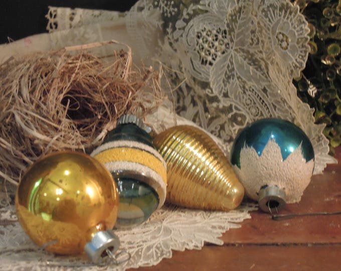 Four Vintage Mercury Glass Ornaments / Silver Gold and Blue Ornaments