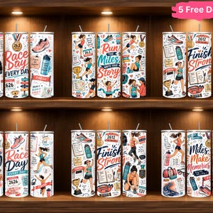 May include: A collection of cylindrical tumblers featuring colorful graphic prints related to running, including illustrations of runners, sneakers, trophies, water bottles, and text such as Race Day, Finish Strong, and Miles Make Memories.
