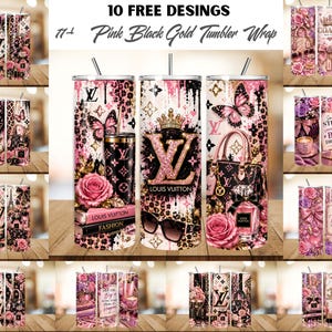 May include: A collection of cylindrical tumblers featuring pink, black, and gold designs. Patterns include butterflies, roses, handbags, perfume bottles, crowns, and luxury brand logos. Some designs incorporate text like Louis Vuitton and Fashion.
