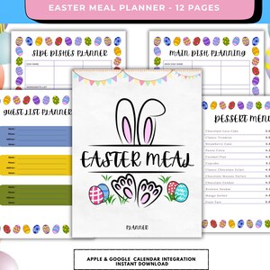 Pode incluir: Planeador de refeições de Páscoa com 12 páginas. Inclui planeadores para acompanhamentos, pratos principais, listas de convidados e sobremesas. Apresenta um design de coelho e ovos de Páscoa coloridos. Com o texto "Easter Meal Planner".