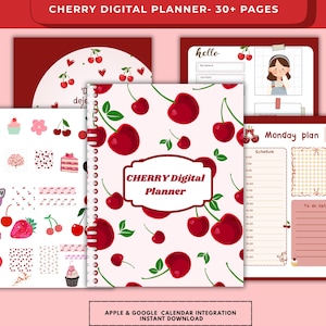 Puede incluir: Un planificador digital con temática de cerezas. La portada presenta un fondo blanco con cerezas rojas y el texto "CHERRY Digital Planner". Las páginas adicionales incluyen una página de "Monday plan" y "hello". El planificador incluye el texto "APPLE & GOOGLE CALENDAR INTEGRATION INSTANT DOWNLOAD".