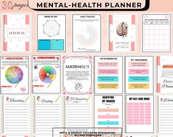 Planificador digital de salud mental / Seguimiento del estado de ánimo y la ansiedad / Paquete de planificador de salud mental / PDF de autocuidado / Plantilla editable de Canva