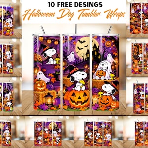 May include: A collection of cylindrical tumblers featuring Halloween-themed graphic wraps with Snoopy characters, pumpkins, ghosts, and bats in purple and orange hues. The text 10 FREE DESIGNS Halloween Dog Tumbler Wraps is displayed at the top.