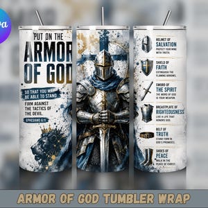 Peut inclure: Un gobelet cylindrique illustré d'un chevalier en armure d'argent tenant une épée. Le design comprend le texte Put on the Armor of God, Ephesians 6:11, ainsi qu'une liste d'éléments d'armure comme le casque du salut et le bouclier de la foi.