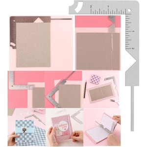May include: A silver metal L-shaped corner alignment tool featuring integrated rulers with markings in inches. The tool is shown in various stages of use for measuring, cutting, and aligning paper and cardboard for crafting projects.