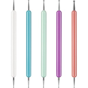 May include: A set of five double-ended dotting tools featuring smooth, cylindrical handles in white, blue, mint green, purple, and coral. Each tool has a polished metal ball tip at one end and a fine, pointed metal tip at the other end.