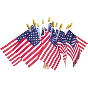 May include: A collection of small American flags. Each flag features a blue canton with white stars and red and white stripes. The flags are mounted on wooden sticks with gold-colored spear-shaped tops.
