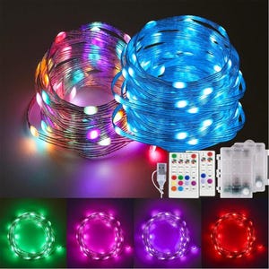 May include: Two spools of LED string lights, one multi-colored and one blue, with a remote control and battery pack. The lights are shown in green, pink, purple, and red. The lights are ideal for decorating.