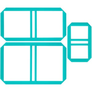 May include: A set of three teal plastic cookie cutters. Two cutters are large rectangles with a central vertical divider, and one cutter is a smaller rectangle with a central horizontal divider. All pieces feature rounded corners and a flat frame.