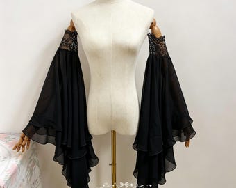 Black Detachable Chiffon Ruffle Bell Sleeves,Separate Long Sleeves, Halloween Wedding/Event,Custom Size