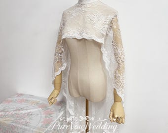 Lace Cape Bridal Top, Wedding Shawl Wrap, High Neck Design, Pearls Buttons, Custom Length