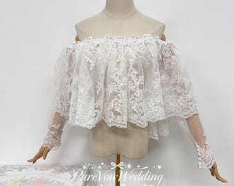 Vintage Detachable Chantilly Lace Top With Sleeves For Wedding Dress,Off Shoulder Bridal Top, Satin buttons,Custom Size