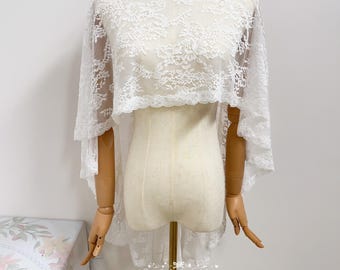 Elegant Embroidery Lace Cape Bridal Top, Wedding Shawl Wrap, Shoulder Cover, Satin Buttons, Custom Length