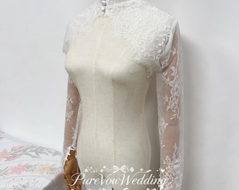 Vintage Detachable Chantilly Lace Top Sleeves For Wedding Dress,Elegant High Neck Bridal Top, Satin buttons,Custom Size