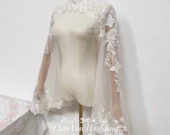 Detachable Shiny Beaded Lace Sleeves For Wedding Dress,Elegant High Neck Bridal Top, Custom Size