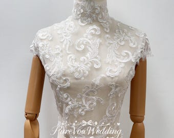 Elegant High Neck Bridal Top, Vintage  Lace Sleeveless Vest For Wedding Dress,Pearls buttons,Custom Size