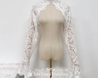 Vintage Detachable Chantilly Lace Bell Sleeves For Wedding Dress,Elegant High Neck Bridal Top, Satin buttons,Custom Size