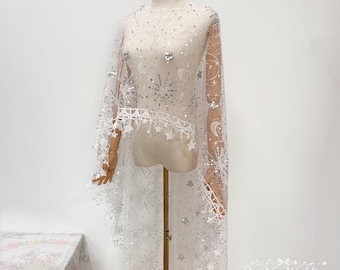 Multiple Colors Sequins Moon Star Cape Bridal Top, Navy/Blue/Pink/Black/Gold,Wedding Shawl Wrap, Shiny Bolero With Tassels,  Custom Length