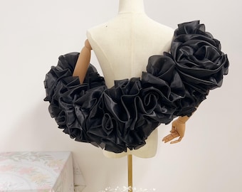 Black Organza Flower Shape Cape Bridal Top, Halloween Wedding Shawl Wrap, Custom All Color