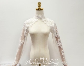 Vintage Detachable Paisley Lace Sleeves For Wedding Dress,Elegant High Neck Bridal Top, Satin buttons,Custom Size