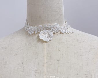 Beaded Lace Necklace, Bridal Choker, Flowers Leaves Neck Accessory