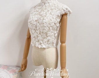 Elegant High Neck Bridal Top, Vintage  Lace Sleeveless Vest For Wedding Dress,Pearls buttons,Custom Size