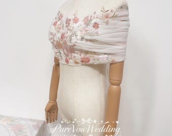 Pink Sequins Beads Lace Off-shoulder Cape Bridal Top, Wedding Shawl Wrap, Lace-up Closure, Custom Size