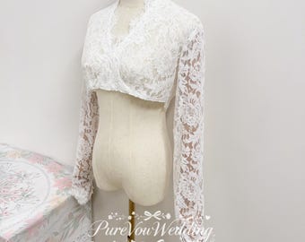 Vintage Detachable Chantilly Lace Sleeves For Wedding Dress,Deep V Neck Bridal Top, Satin buttons,Custom Size