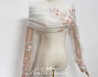 Pink Sequins Beads Lace Off-shoulder Wedding Shawl Wrap,+ Long Sleeves,Cape Bridal Top,  Lace-up Closure, Custom Size
