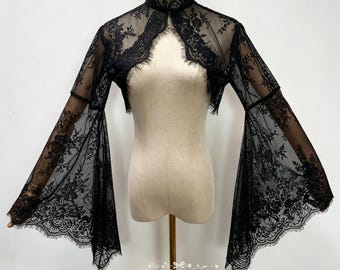 Gothic Style Detachable Chantilly Lace Top Bell Sleeves,Black Halloween High Neck Bridal Top, Satin buttons,Custom Size